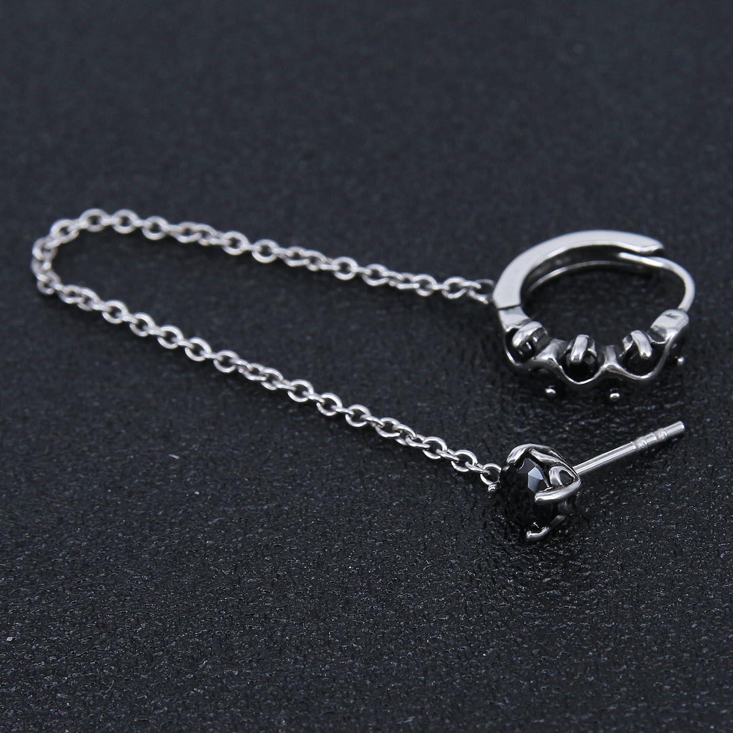 imageCool Stainless Steel Cubic Zircon Hoop Earrings Stud Chain Punk Cartilage Earring for Double Pierced Ears