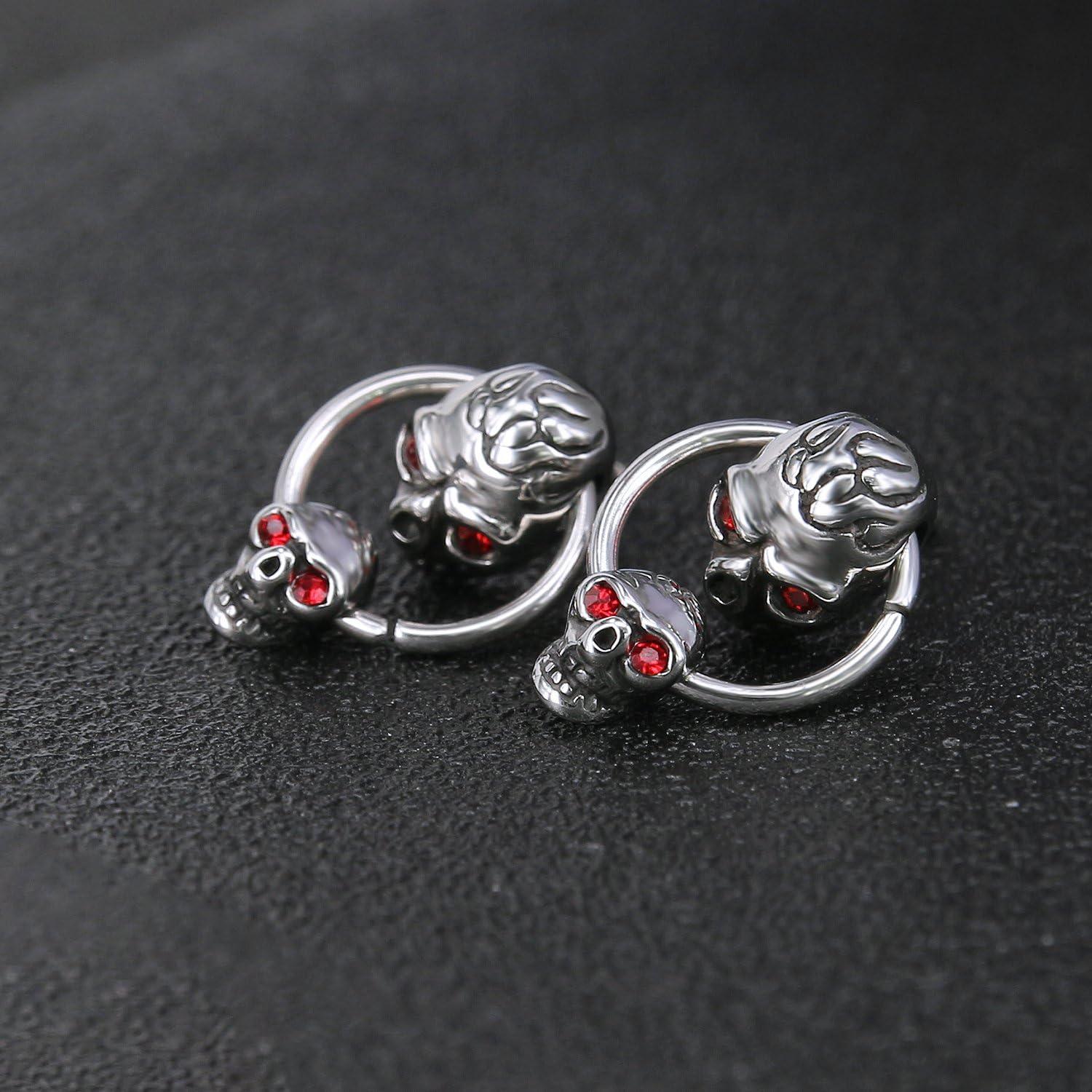 imageUnique Double Skull Dangle with Hoop Stainless Steel Crystal Earring Studs Gothic Biker Drop Earrings Men