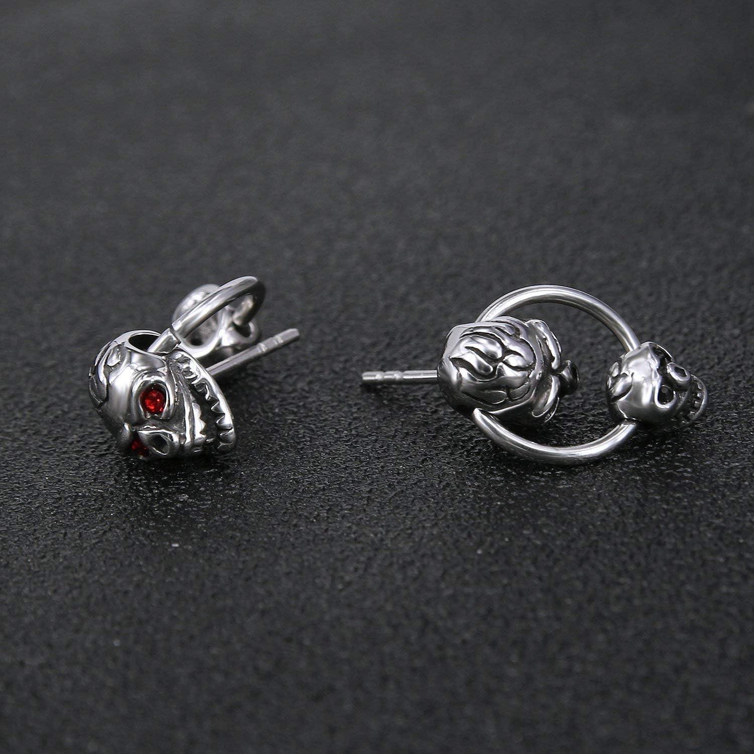 imageUnique Double Skull Dangle with Hoop Stainless Steel Crystal Earring Studs Gothic Biker Drop Earrings Men