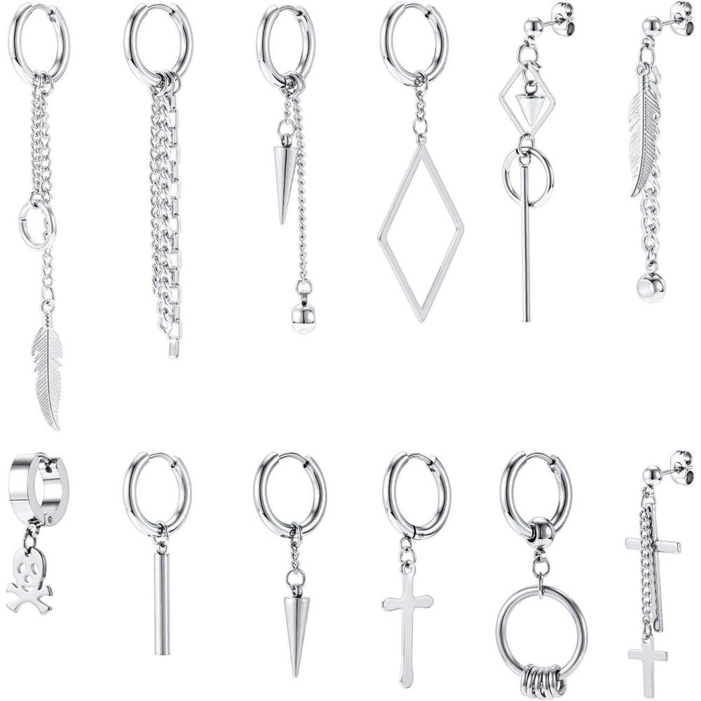image12 Pcs Dangle Cross Earrings for Men Surgical Steel Earrings Sets Dangling Chain Hypoallergenic Earrings HoopsSilver
