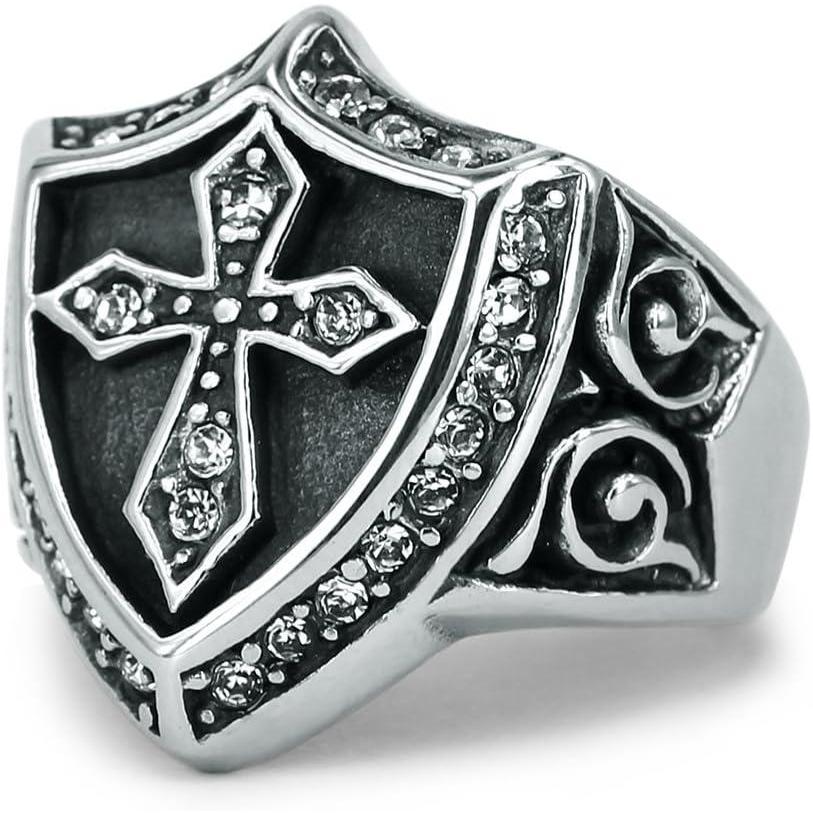 image316L Surgical Steel Shield Carved Cross Round Ring WhiteBlake Cubic Zircon Gothic Punk Ring for Men Size 7 8 9 White 7