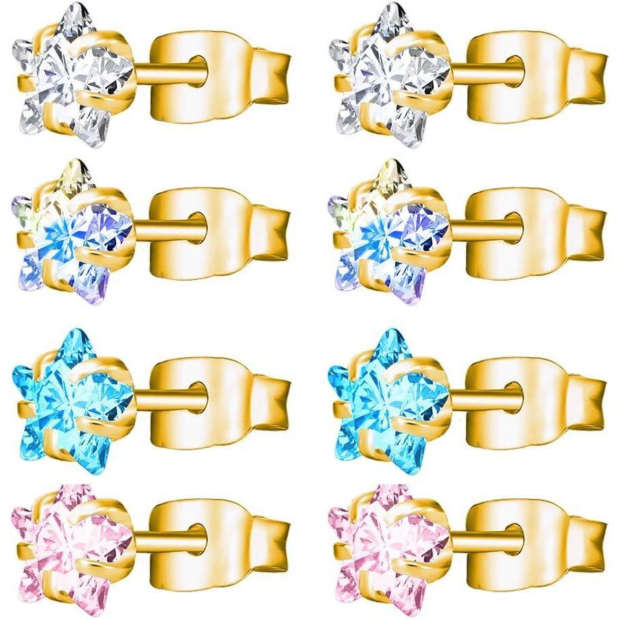 image4 Pairs Golden Stainless Steel Round Star Multi Colors Cubic Zirconia Stud Earring Women Earrings Set5mm Star x 4 Pairs