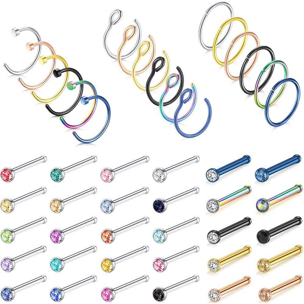image48Pcs Nose Rings Surgical Steel Nose Rings for Women Mix Color Nose Ring Hoops Stud Screw Nose Piercing Jewelry 20G