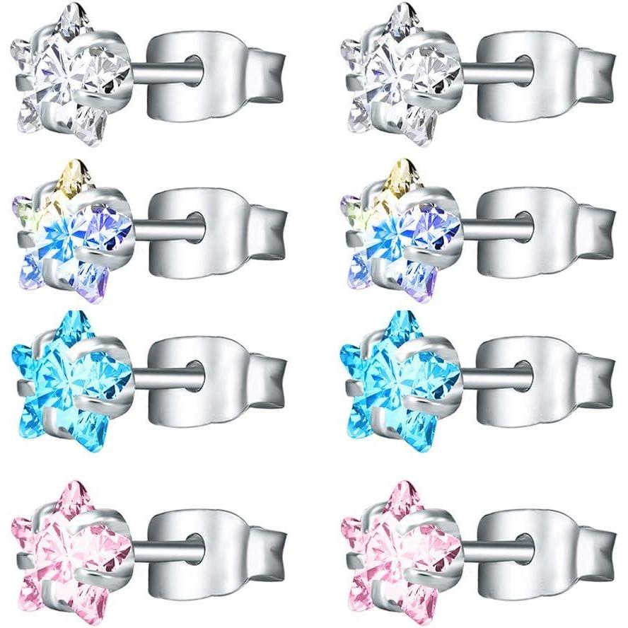 imageBrilliant Cubic Zirconia Stainless Steel Stud Earrings Helix Cartilage Earrings Studs for Women 4 Pairs8mm Star  4 Pairs