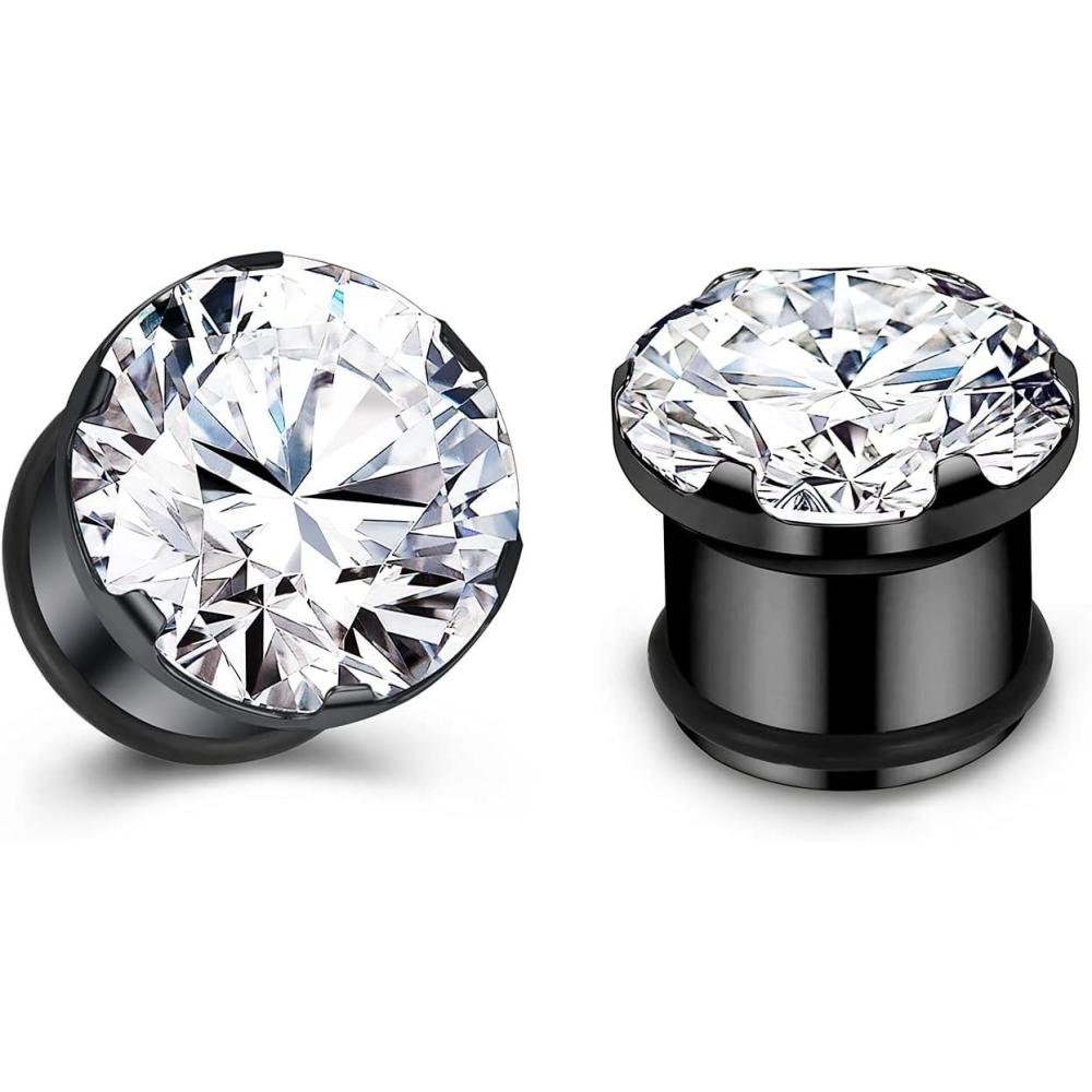 imageCZ Diamond Ear Gauges Single Flare Surgical Steel Ear Plugs Gauge Stretching Kit Expander GoldBlackSilver 6g16mm