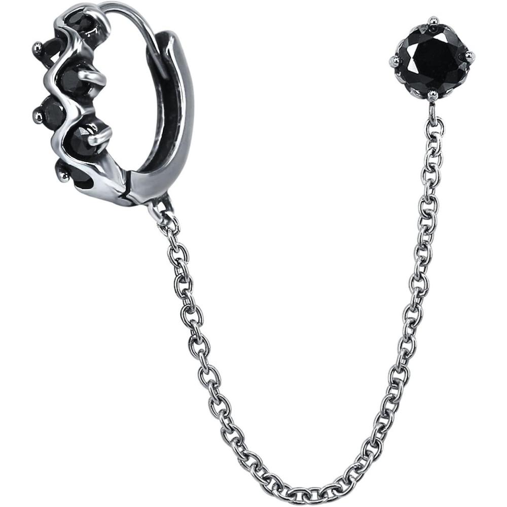 imageCool Stainless Steel Cubic Zircon Hoop Earrings Stud Chain Punk Cartilage Earring for Double Pierced Ears