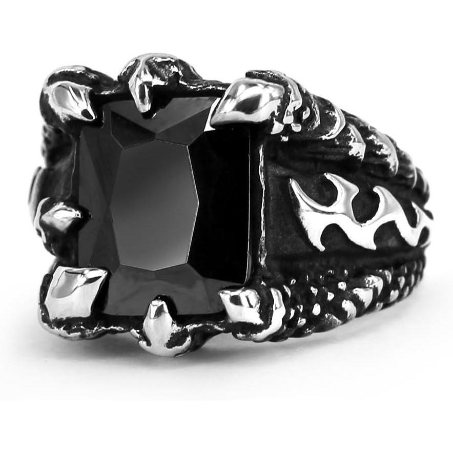 imageMens Stainless Steel Ring Square Large Stone BlackWhite Crystal Vintage Punk Ring Dragon Claw