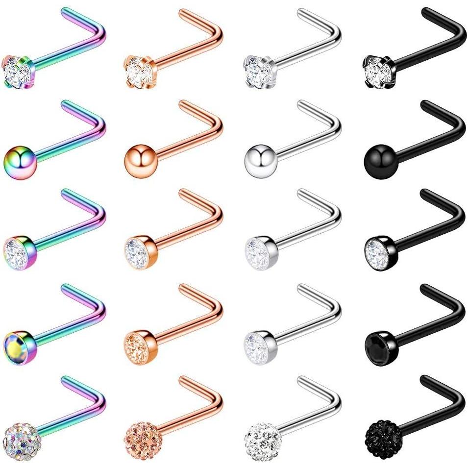 imagePunkTracker Nose Ring Surgical Steel Nose Rings for Women Nose Piercing Jewelry CZ Diamond L Shape Studs Screw 20G