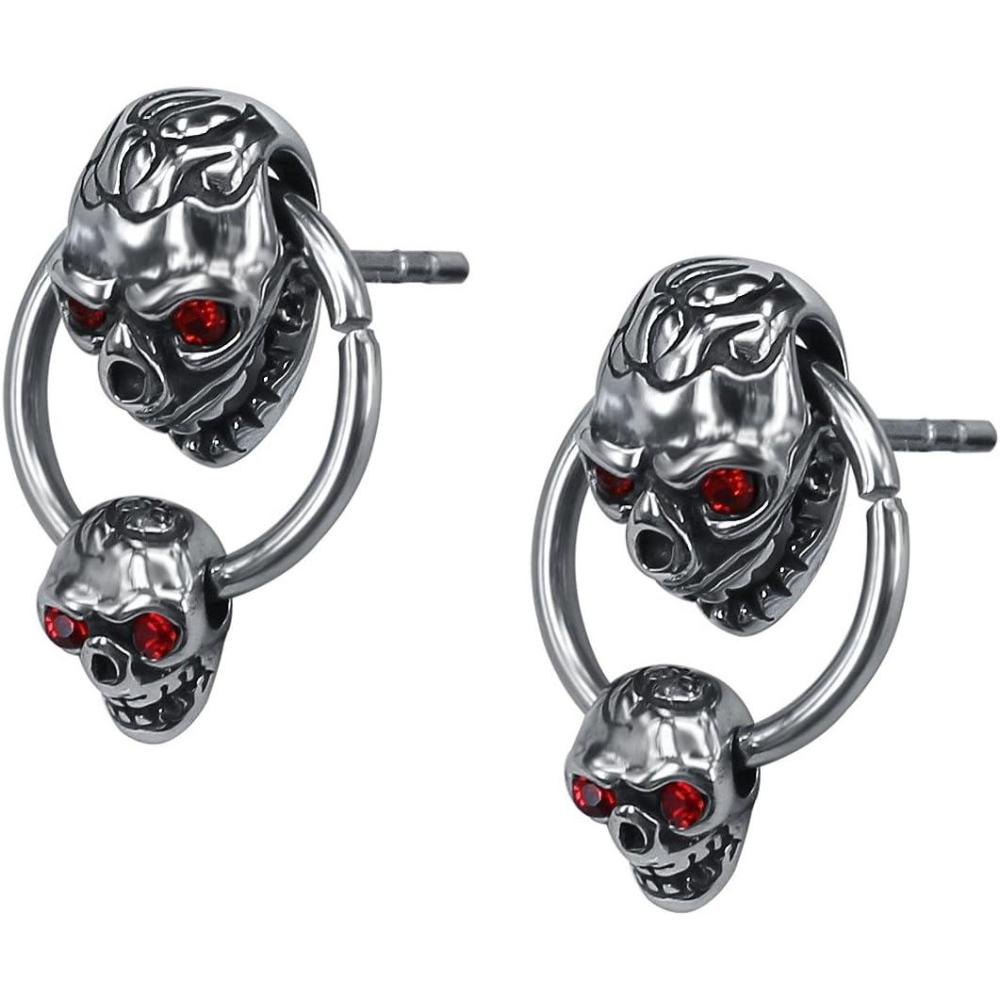 imageUnique Double Skull Dangle with Hoop Stainless Steel Crystal Earring Studs Gothic Biker Drop Earrings Men