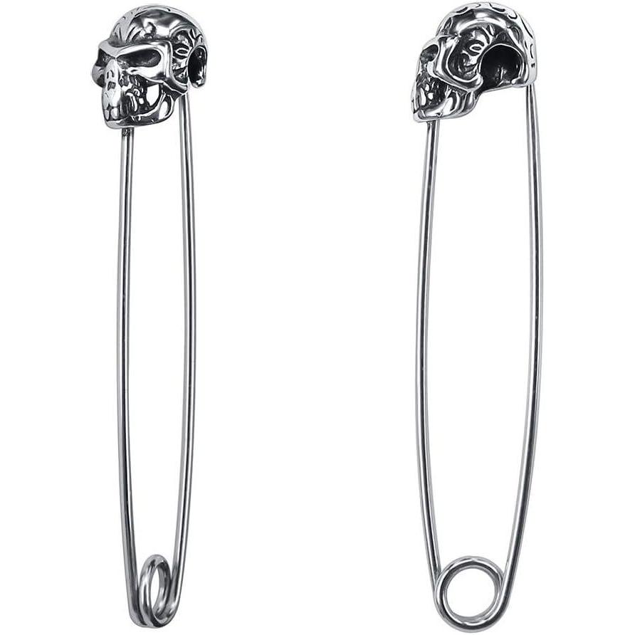 imageWomens Stainless Steel Punk Skull Stud Earrings Vintage Safety Pin Helix Drop Earrings Piercing Jewelry