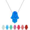 Multicolor Fatima Hamsa Hand Fire Opal Pendant Necklace with 925 Sterling Silver Chain Necklace 17.7” (Pink)