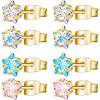 4 Pairs Golden Stainless Steel Round Star Multi Colors Cubic Zirconia Stud Earring Women Earrings Set(7mm Star x 4 Pairs)