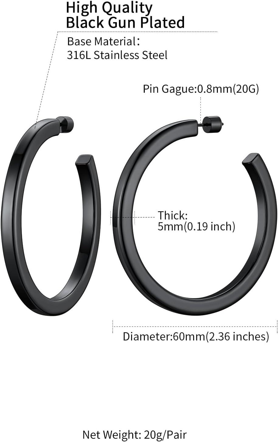 imageChainsHouse 316L Stainless Steel Hoop Earrings for Women 30mm40mm60mm80mm 18K GoldBlack Lightweight Open Hoop Earrings Fits for Sensitive Ears Send Gift BoxA Black60mm