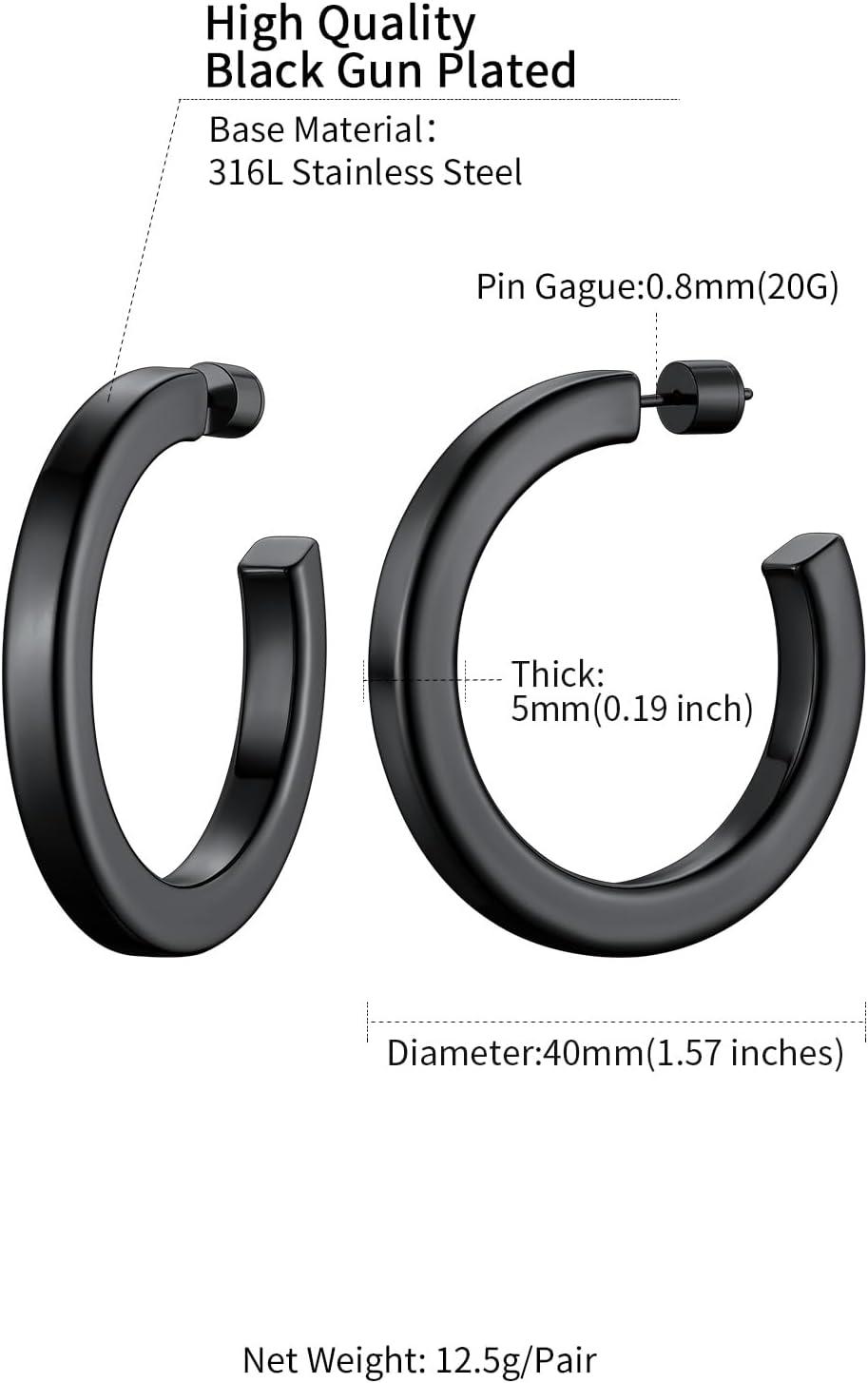 imageChainsHouse 316L Stainless Steel Hoop Earrings for Women 30mm40mm60mm80mm 18K GoldBlack Lightweight Open Hoop Earrings Fits for Sensitive Ears Send Gift BoxA Black40mm
