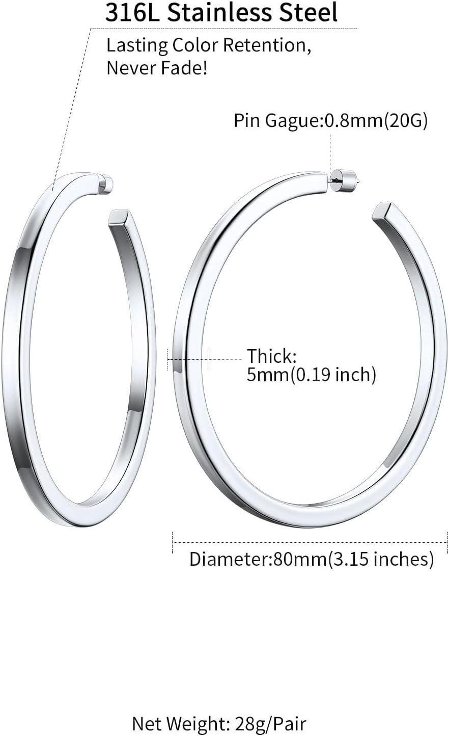 imageChainsHouse 316L Stainless Steel Hoop Earrings for Women 30mm40mm60mm80mm 18K GoldBlack Lightweight Open Hoop Earrings Fits for Sensitive Ears Send Gift BoxB Stainless80mm