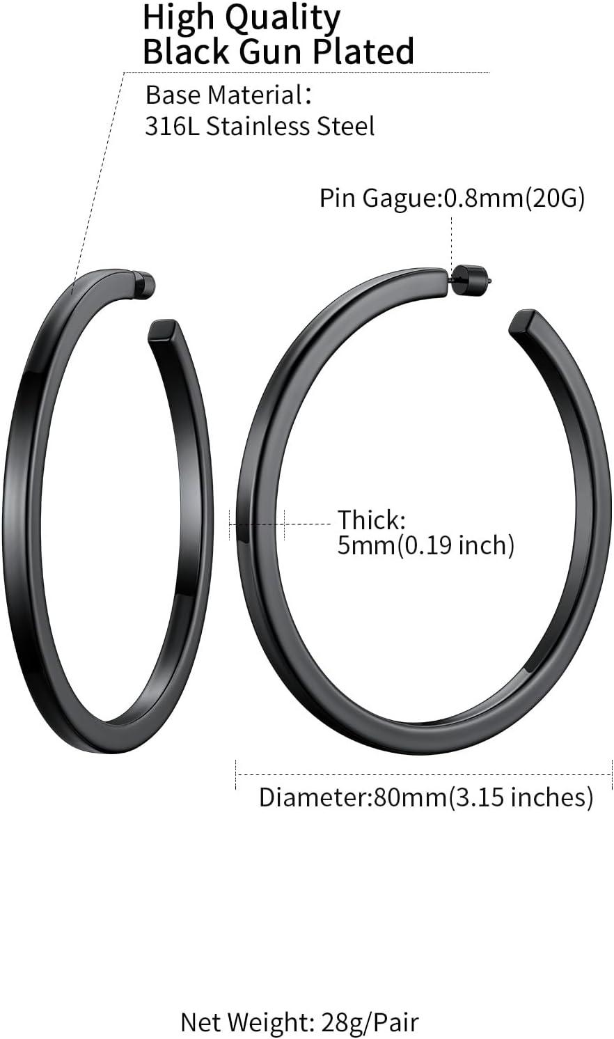 imageChainsHouse 316L Stainless Steel Hoop Earrings for Women 30mm40mm60mm80mm 18K GoldBlack Lightweight Open Hoop Earrings Fits for Sensitive Ears Send Gift BoxA Black80mm