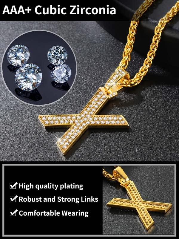 imageChainsHouse AZ Letter 01 Number Pendant Necklace Cubic Zirconia CZ Alphabet Initial Pendant with Stainless Steel Spiga Chain Personalized Custom Hip Hop Rapper Hip Hop Jewelry for Men