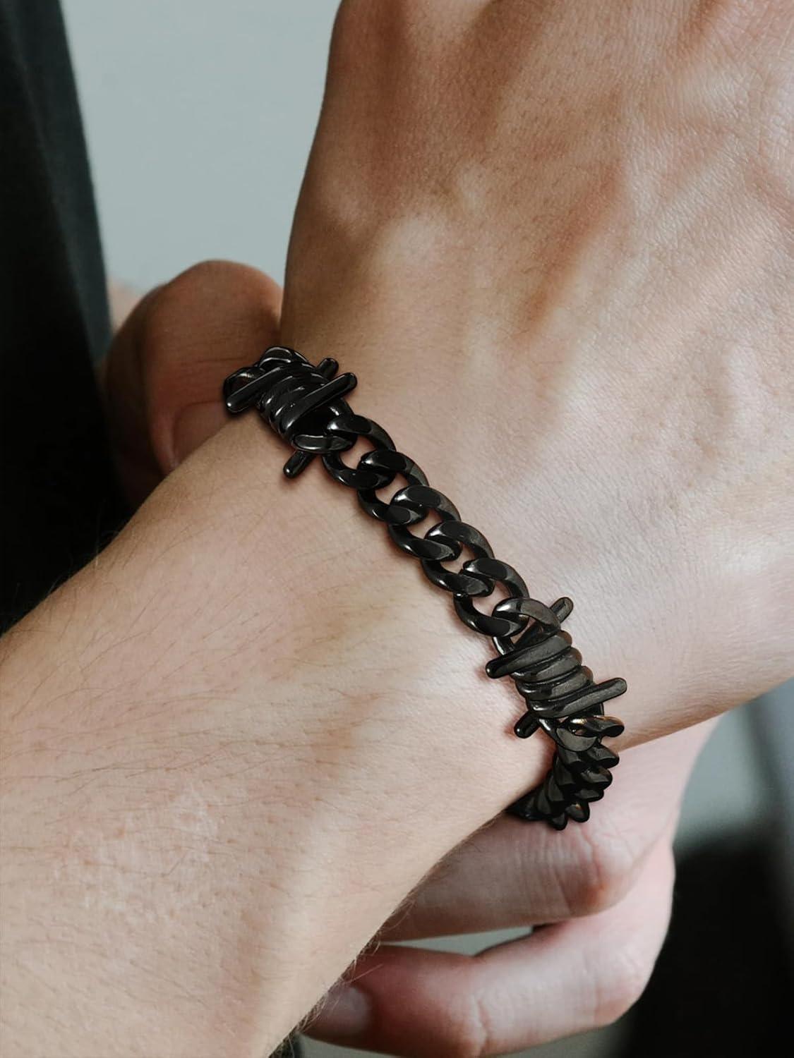imageChainsHouse Barbed Wire Bracelet Cuban Link Chain Bracelet for Men Stainless Steel Gothic Punk Thorns Hand Chain Hip Hop Jewelry 57912mm Width 7quot83quot Length Send Gift BoxK9mmCool Black