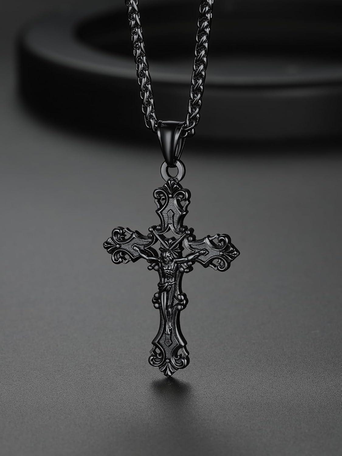 imageChainsHouse Cross Necklace for Men Black18K Gold PlatedStainless Steel Christian Jewelry Cross Pendant Necklace for Men with Gift Boxa Jecus CrossBlack