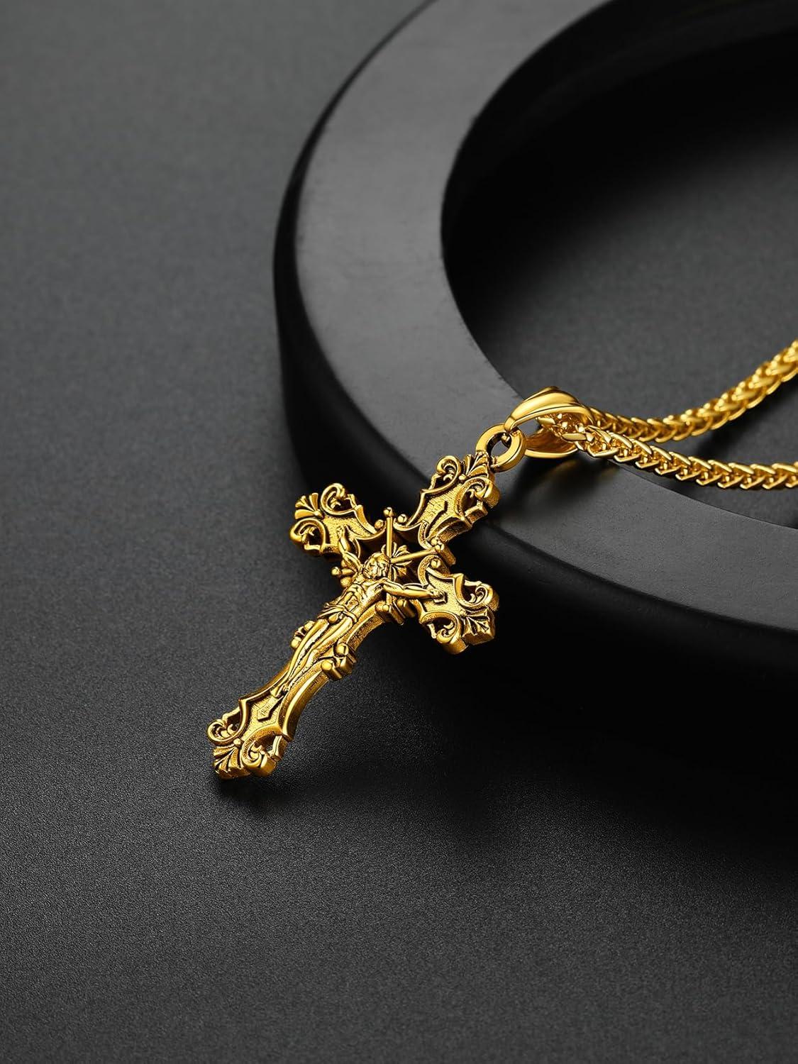 imageChainsHouse Cross Necklace for Men Black18K Gold PlatedStainless Steel Christian Jewelry Cross Pendant Necklace for Men with Gift Boxa Jecus CrossGold