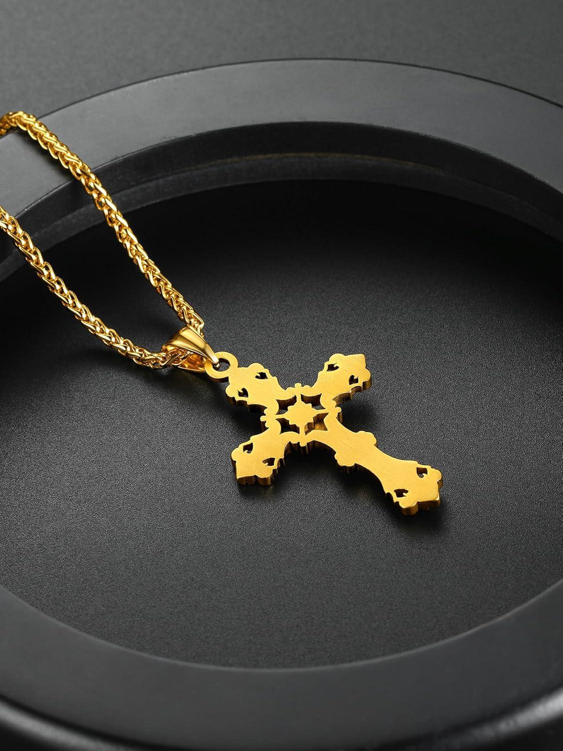 imageChainsHouse Cross Necklace for Men Black18K Gold PlatedStainless Steel Christian Jewelry Cross Pendant Necklace for Men with Gift Boxa Jecus CrossGold