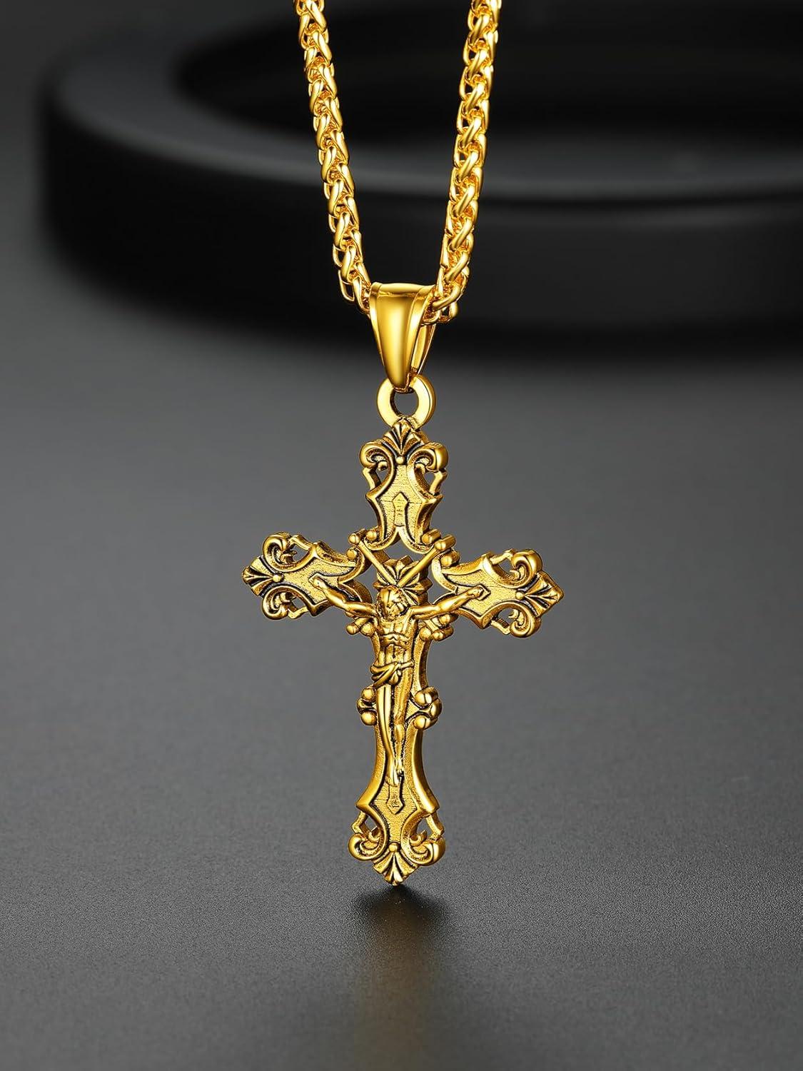 imageChainsHouse Cross Necklace for Men Black18K Gold PlatedStainless Steel Christian Jewelry Cross Pendant Necklace for Men with Gift Boxa Jecus CrossGold