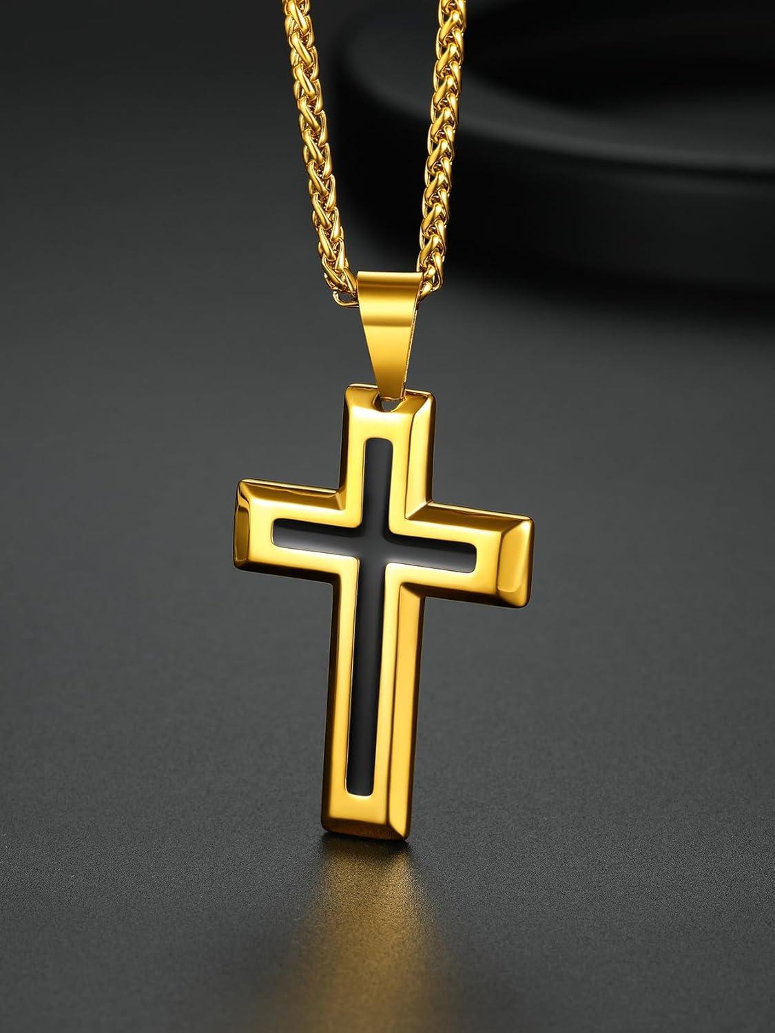 imageChainsHouse Cross Necklace for Men Black18K Gold PlatedStainless Steel Christian Jewelry Cross Pendant Necklace for Men with Gift Boxb Dripping Oil CrossGold