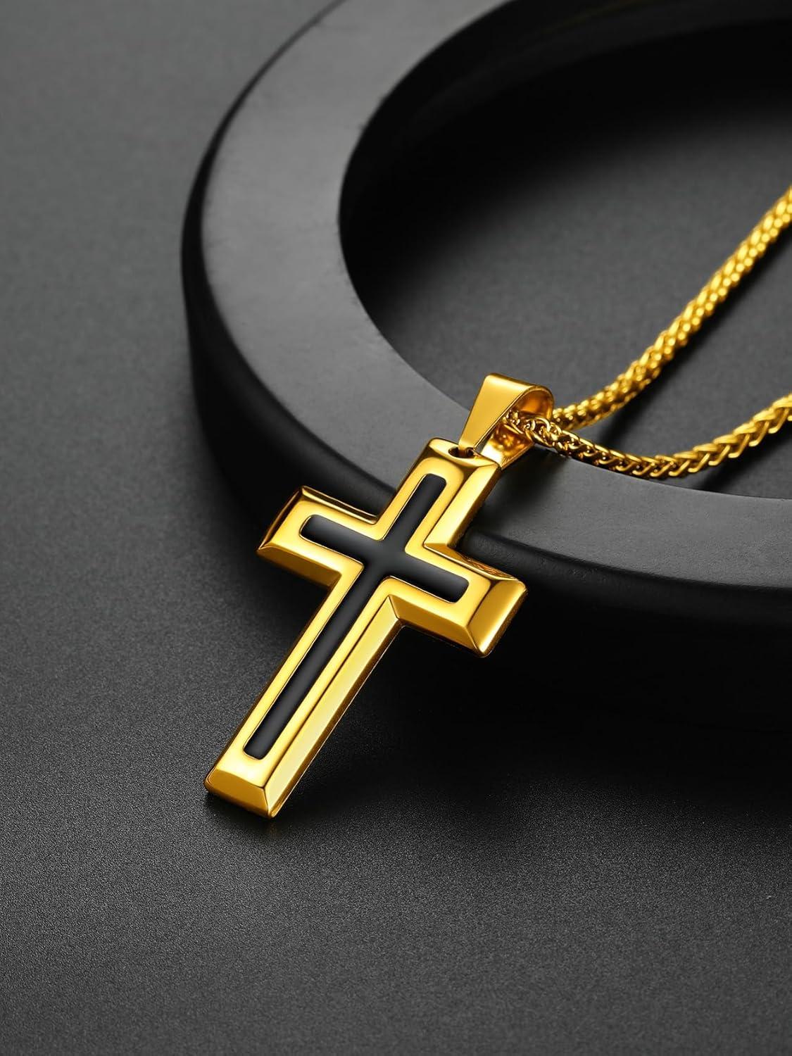 imageChainsHouse Cross Necklace for Men Black18K Gold PlatedStainless Steel Christian Jewelry Cross Pendant Necklace for Men with Gift Boxb Dripping Oil CrossGold