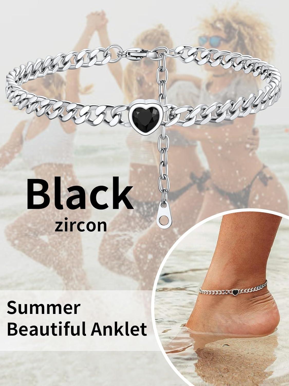 imageChainsHouse Cuban Chain Anklets for WomenStainless Steel Black 6mm Link Chain Ankle Bracelet with Heart Birthstone Jan Dec 12 Months 22cm27cm Adjustable with Gift Box13 Black StoneSteel