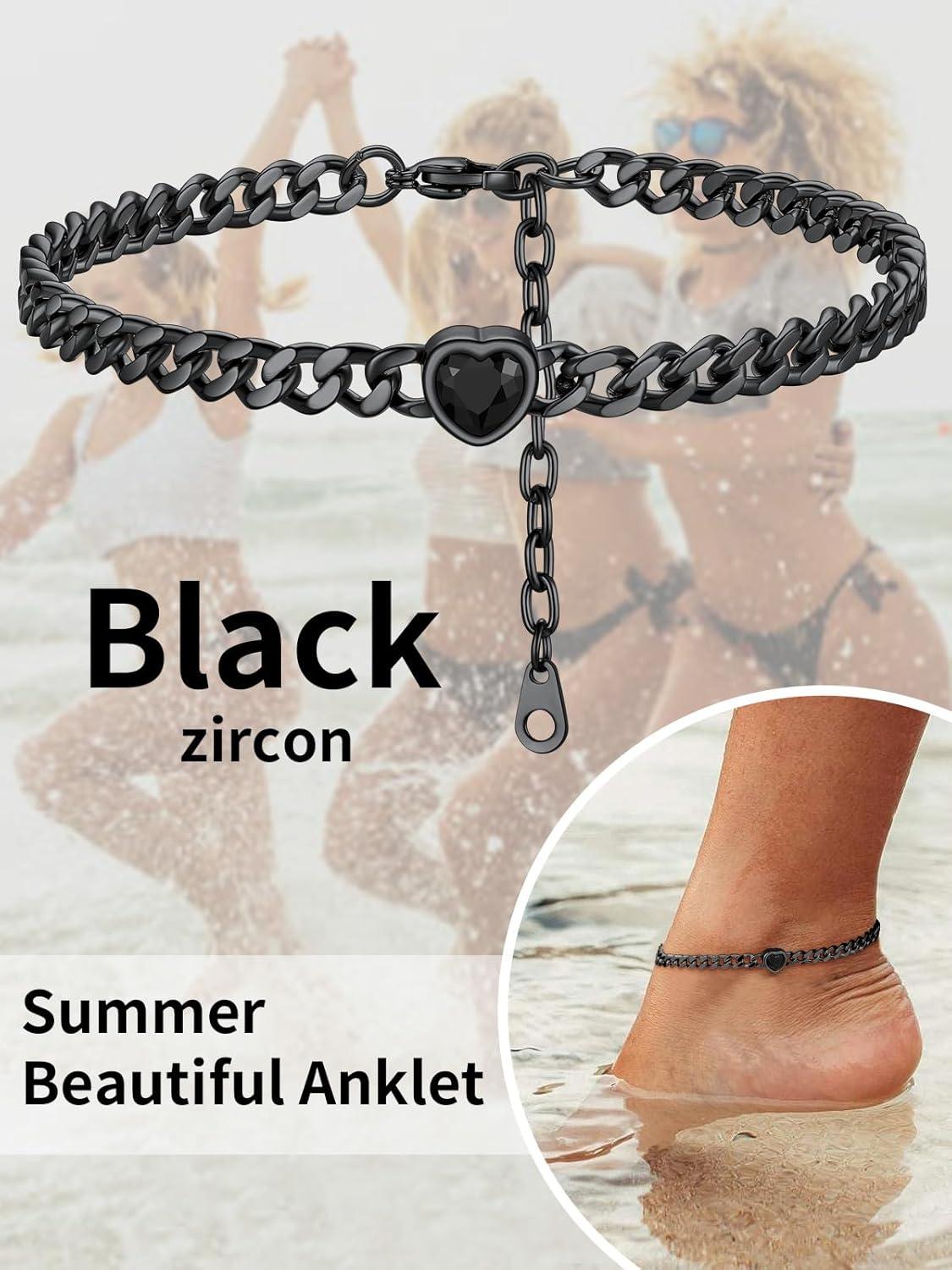 imageChainsHouse Cuban Chain Anklets for WomenStainless Steel Black 6mm Link Chain Ankle Bracelet with Heart Birthstone Jan Dec 12 Months 22cm27cm Adjustable with Gift Box13 Black StoneBlack