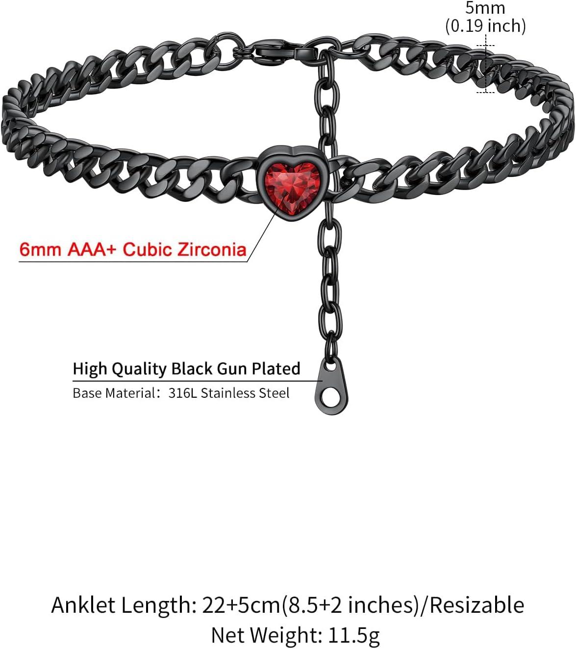 imageChainsHouse Cuban Chain Anklets for WomenStainless Steel Black 6mm Link Chain Ankle Bracelet with Heart Birthstone Jan Dec 12 Months 22cm27cm Adjustable with Gift Box01 JanRed GarnetBlack