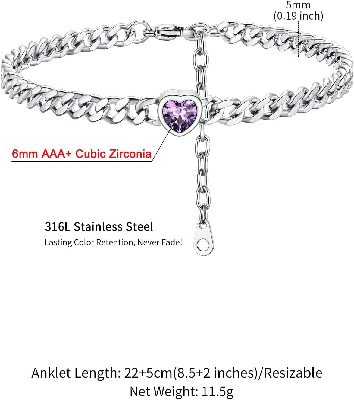 imageChainsHouse Cuban Chain Anklets for WomenStainless Steel Black 6mm Link Chain Ankle Bracelet with Heart Birthstone Jan Dec 12 Months 22cm27cm Adjustable with Gift Box02 FebAmethystSteel