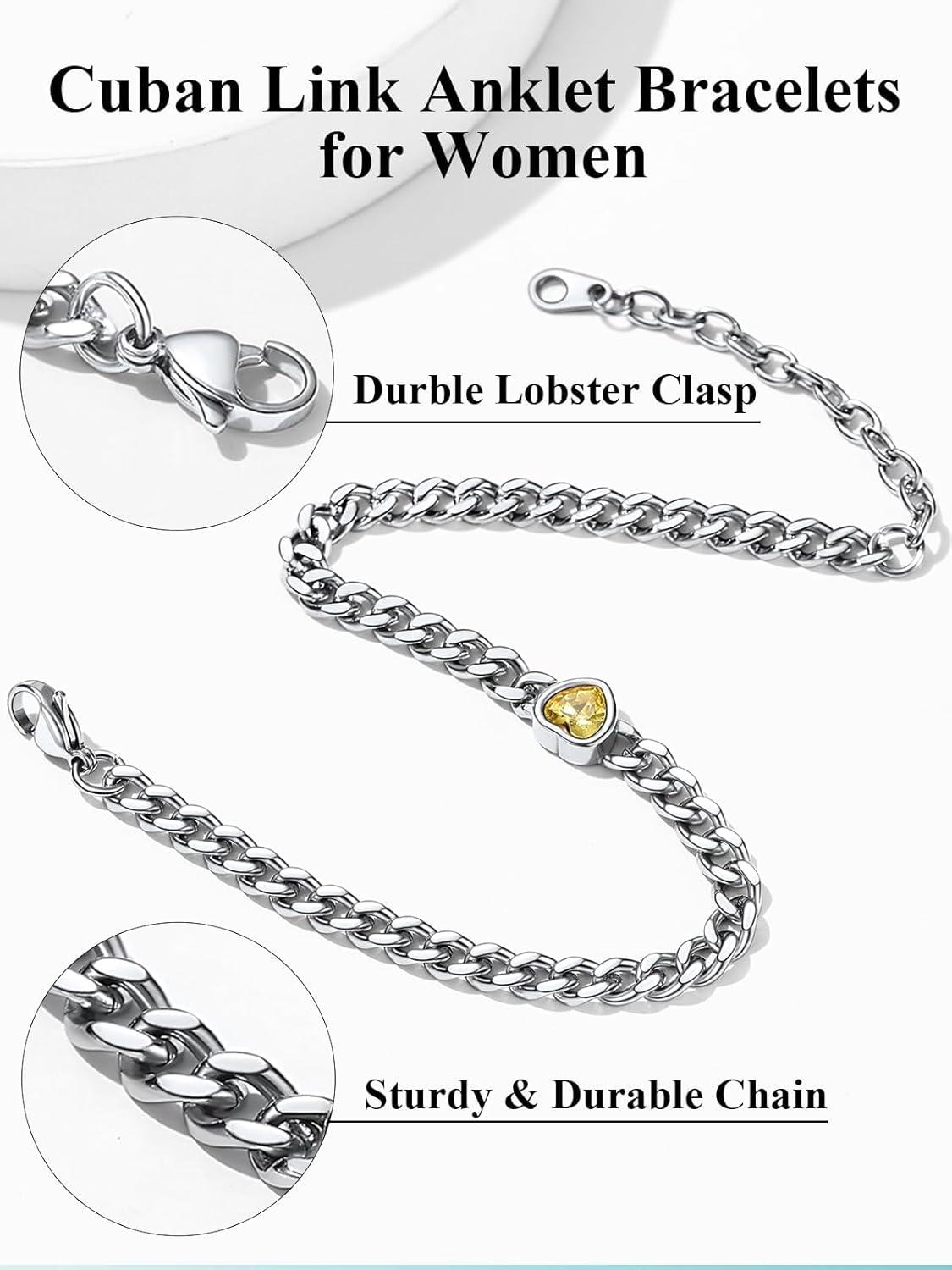 imageChainsHouse Cuban Chain Anklets for WomenStainless Steel Black 6mm Link Chain Ankle Bracelet with Heart Birthstone Jan Dec 12 Months 22cm27cm Adjustable with Gift Box01 JanRed GarnetSteel