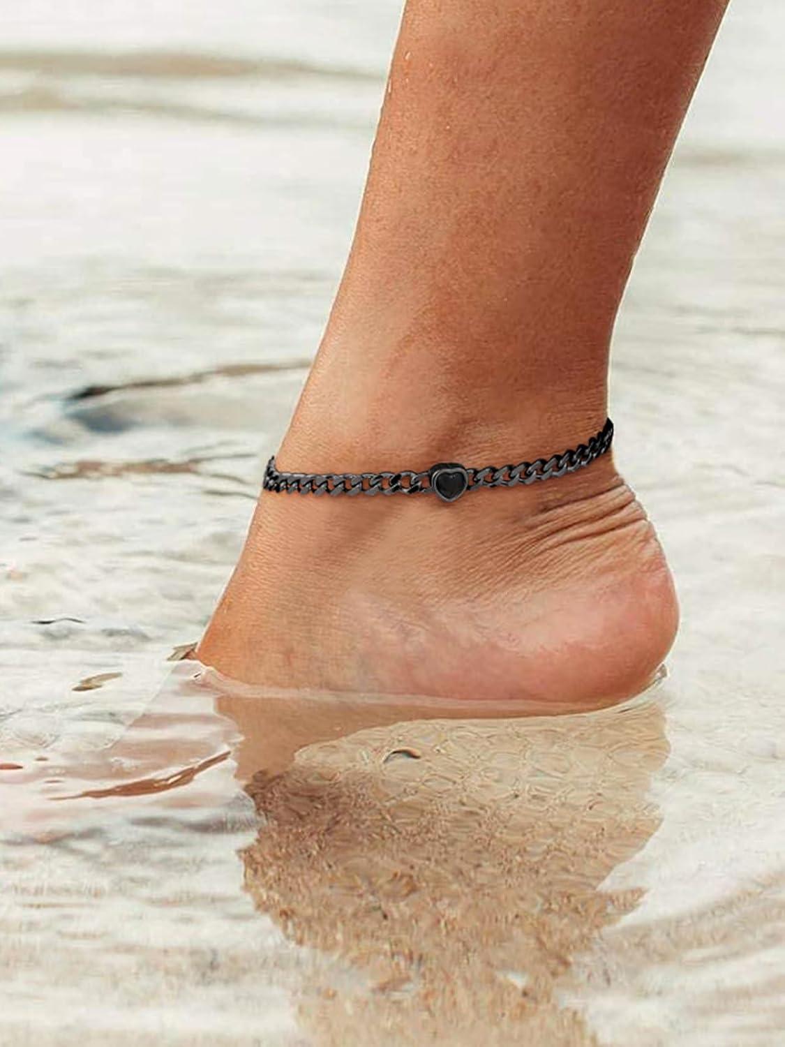 imageChainsHouse Cuban Chain Anklets for WomenStainless Steel Black 6mm Link Chain Ankle Bracelet with Heart Birthstone Jan Dec 12 Months 22cm27cm Adjustable with Gift Box05 MayEmeraldBlack