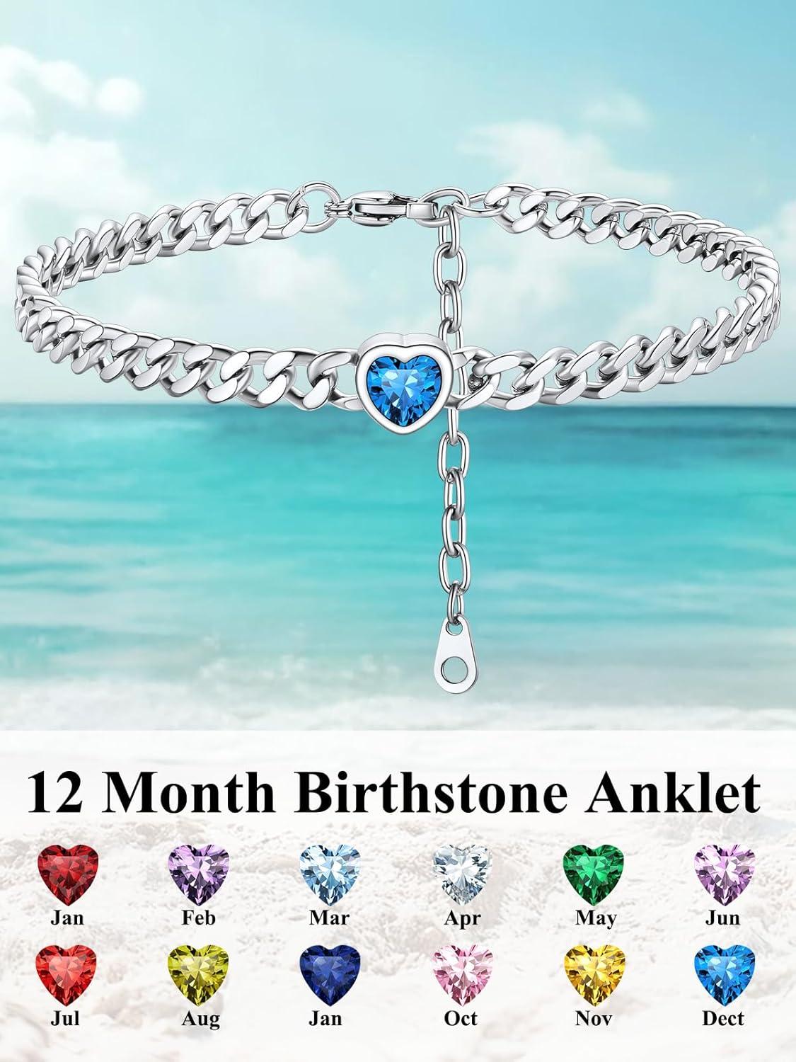 imageChainsHouse Cuban Chain Anklets for WomenStainless Steel Black 6mm Link Chain Ankle Bracelet with Heart Birthstone Jan Dec 12 Months 22cm27cm Adjustable with Gift Box12 DecTanzantiteSteel