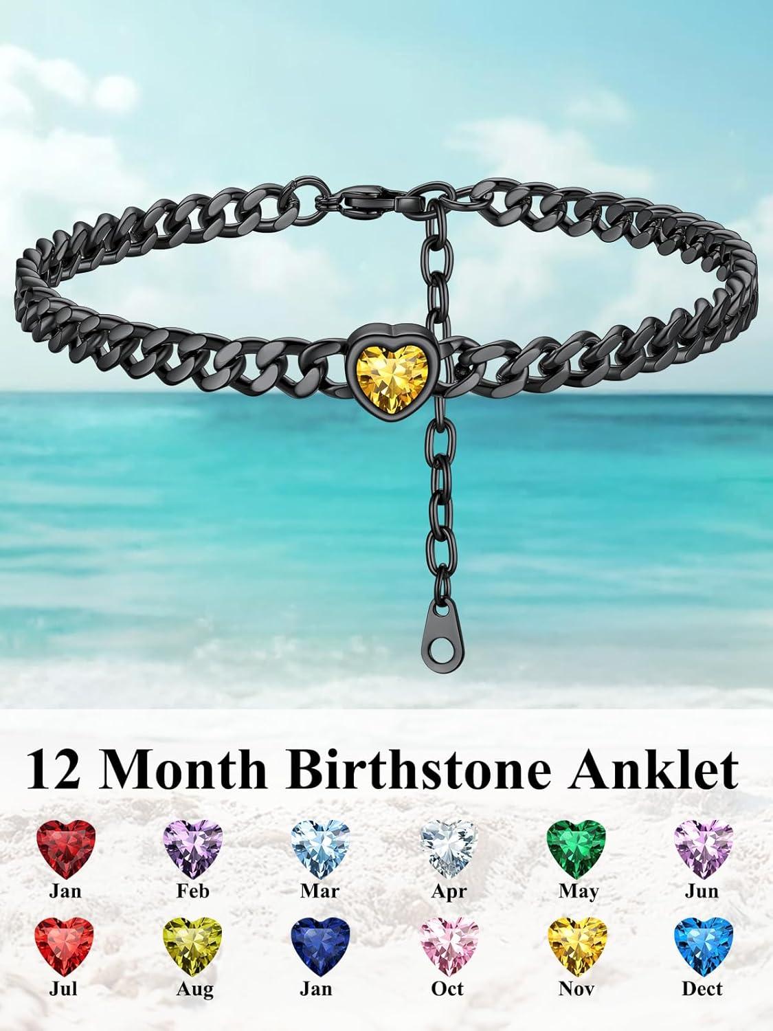 imageChainsHouse Cuban Chain Anklets for WomenStainless Steel Black 6mm Link Chain Ankle Bracelet with Heart Birthstone Jan Dec 12 Months 22cm27cm Adjustable with Gift Box11 NovTopazBlack