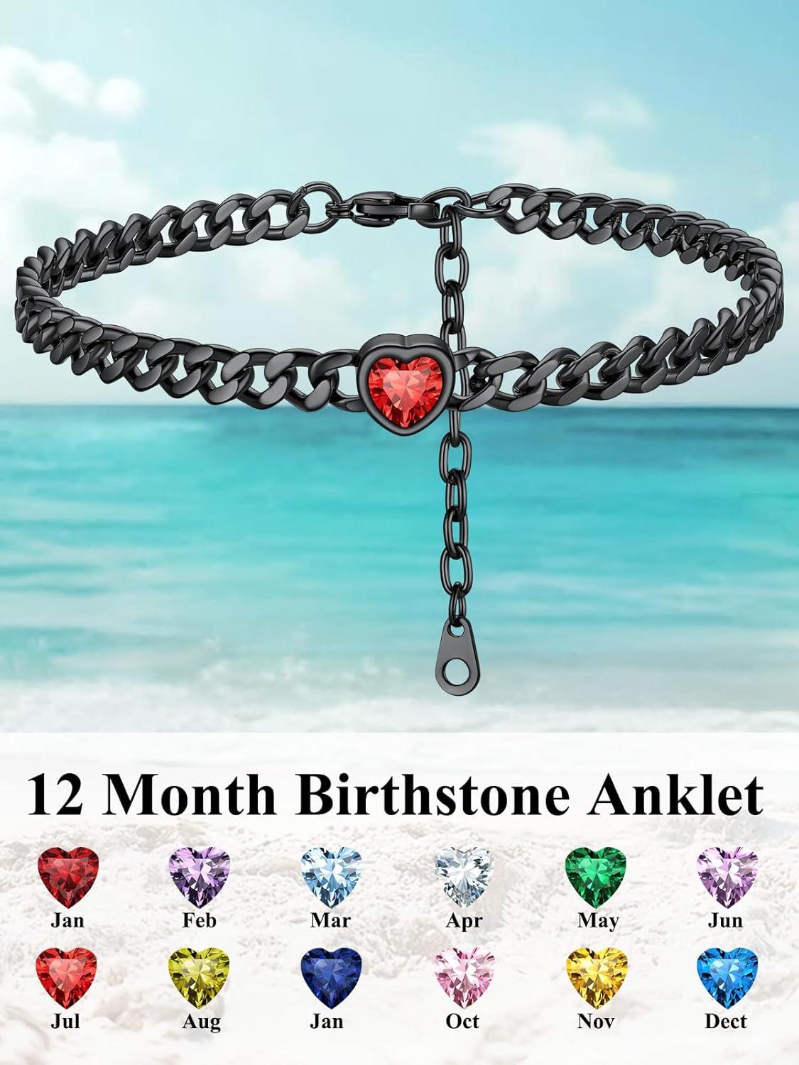 imageChainsHouse Cuban Chain Anklets for WomenStainless Steel Black 6mm Link Chain Ankle Bracelet with Heart Birthstone Jan Dec 12 Months 22cm27cm Adjustable with Gift Box07 JulRubyBlack