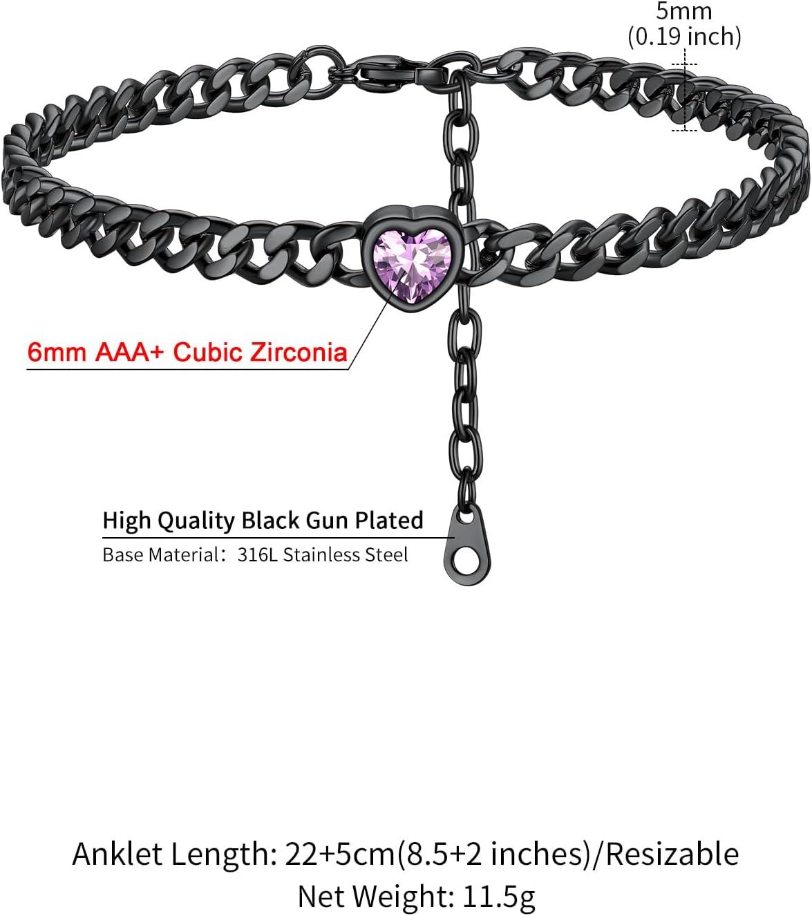 imageChainsHouse Cuban Chain Anklets for WomenStainless Steel Black 6mm Link Chain Ankle Bracelet with Heart Birthstone Jan Dec 12 Months 22cm27cm Adjustable with Gift Box06 JunAlexandriteBlack