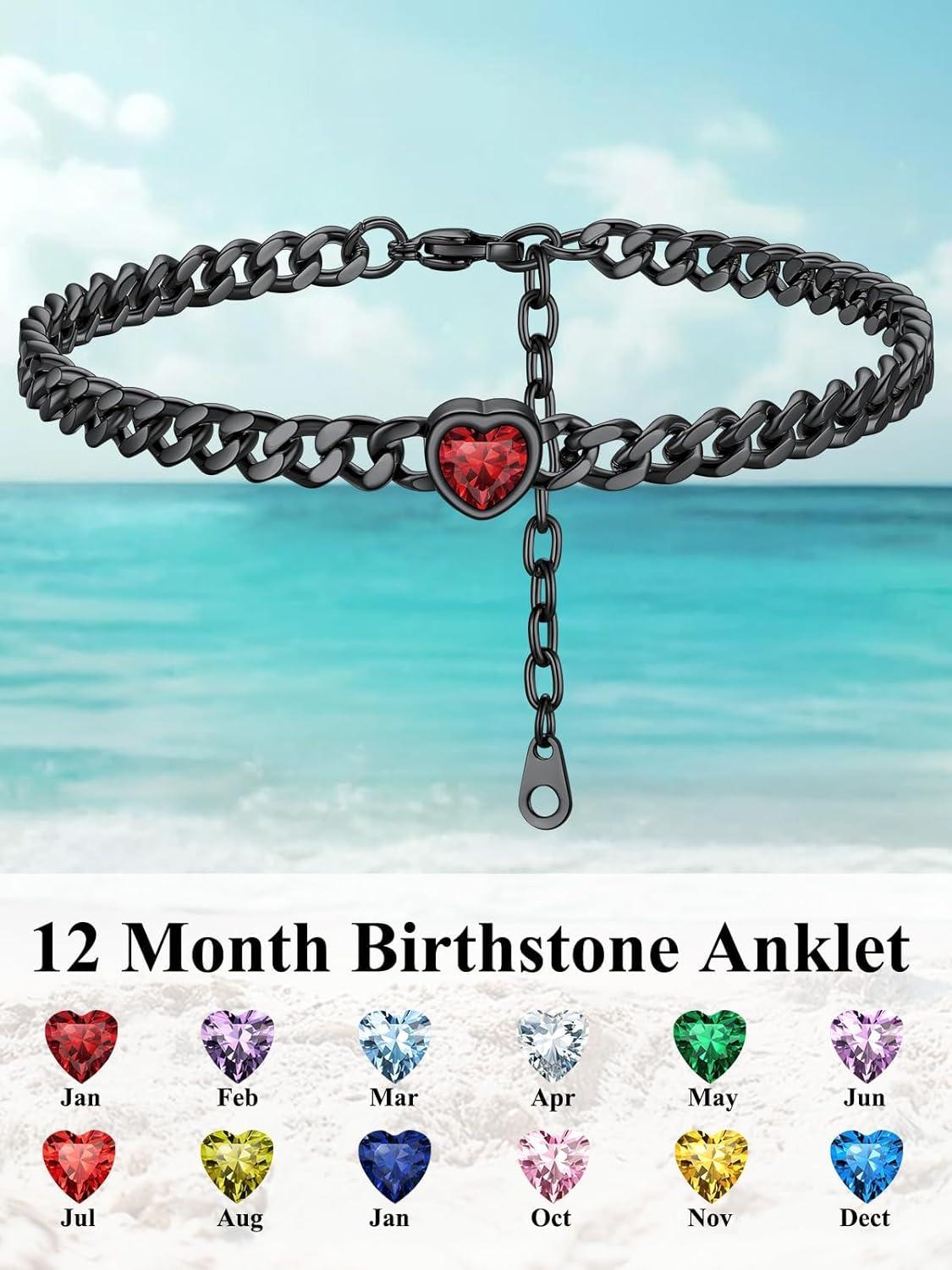 imageChainsHouse Cuban Chain Anklets for WomenStainless Steel Black 6mm Link Chain Ankle Bracelet with Heart Birthstone Jan Dec 12 Months 22cm27cm Adjustable with Gift Box01 JanRed GarnetBlack
