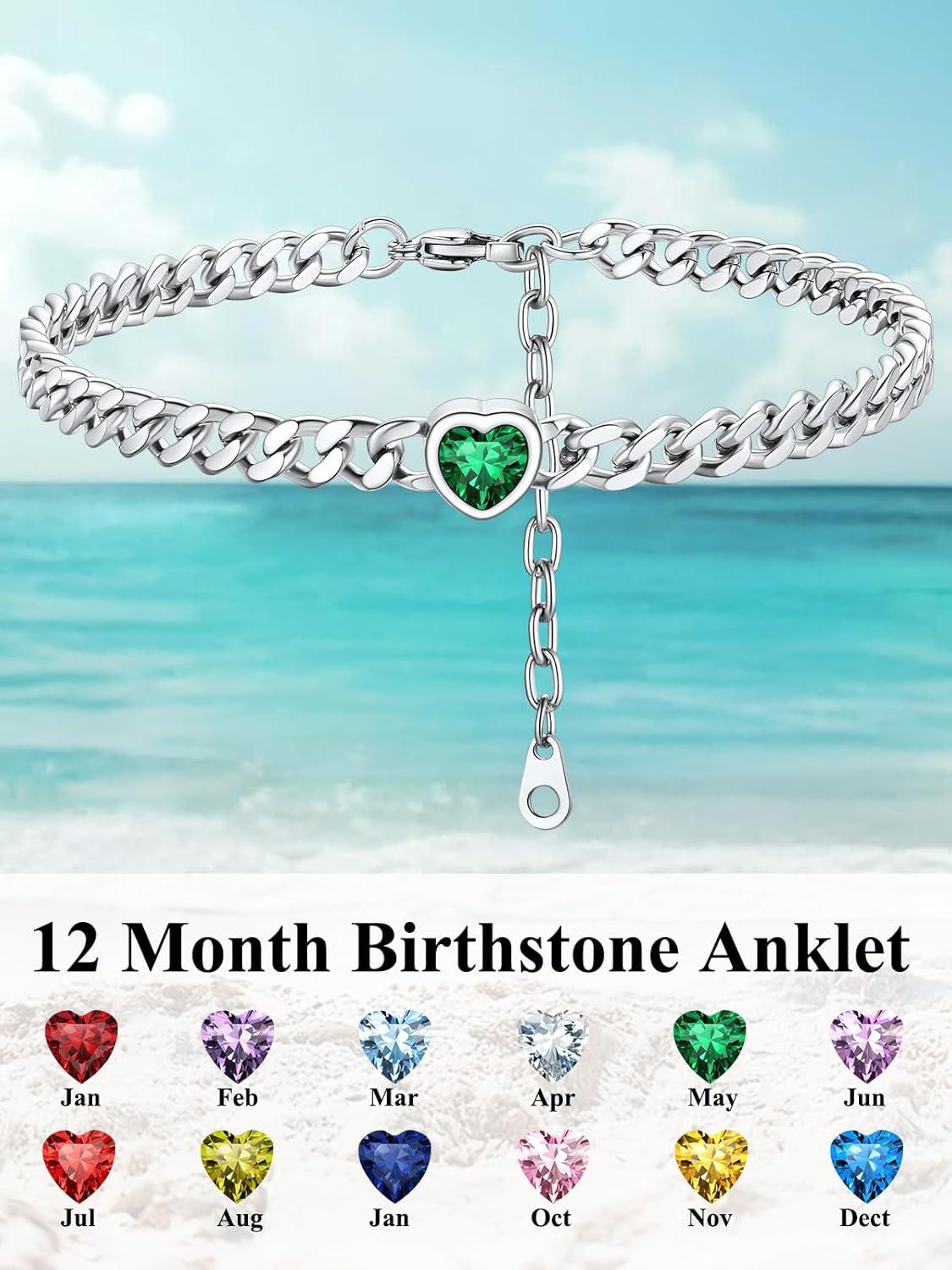 imageChainsHouse Cuban Chain Anklets for WomenStainless Steel Black 6mm Link Chain Ankle Bracelet with Heart Birthstone Jan Dec 12 Months 22cm27cm Adjustable with Gift Box05 MayEmeraldSteel
