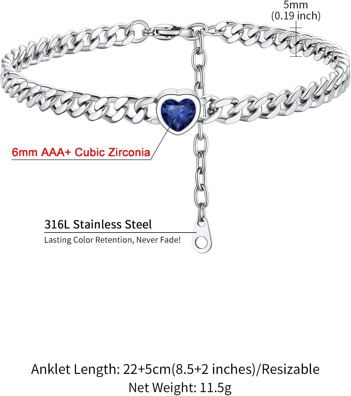 imageChainsHouse Cuban Chain Anklets for WomenStainless Steel Black 6mm Link Chain Ankle Bracelet with Heart Birthstone Jan Dec 12 Months 22cm27cm Adjustable with Gift Box09 SepSapphireSteel