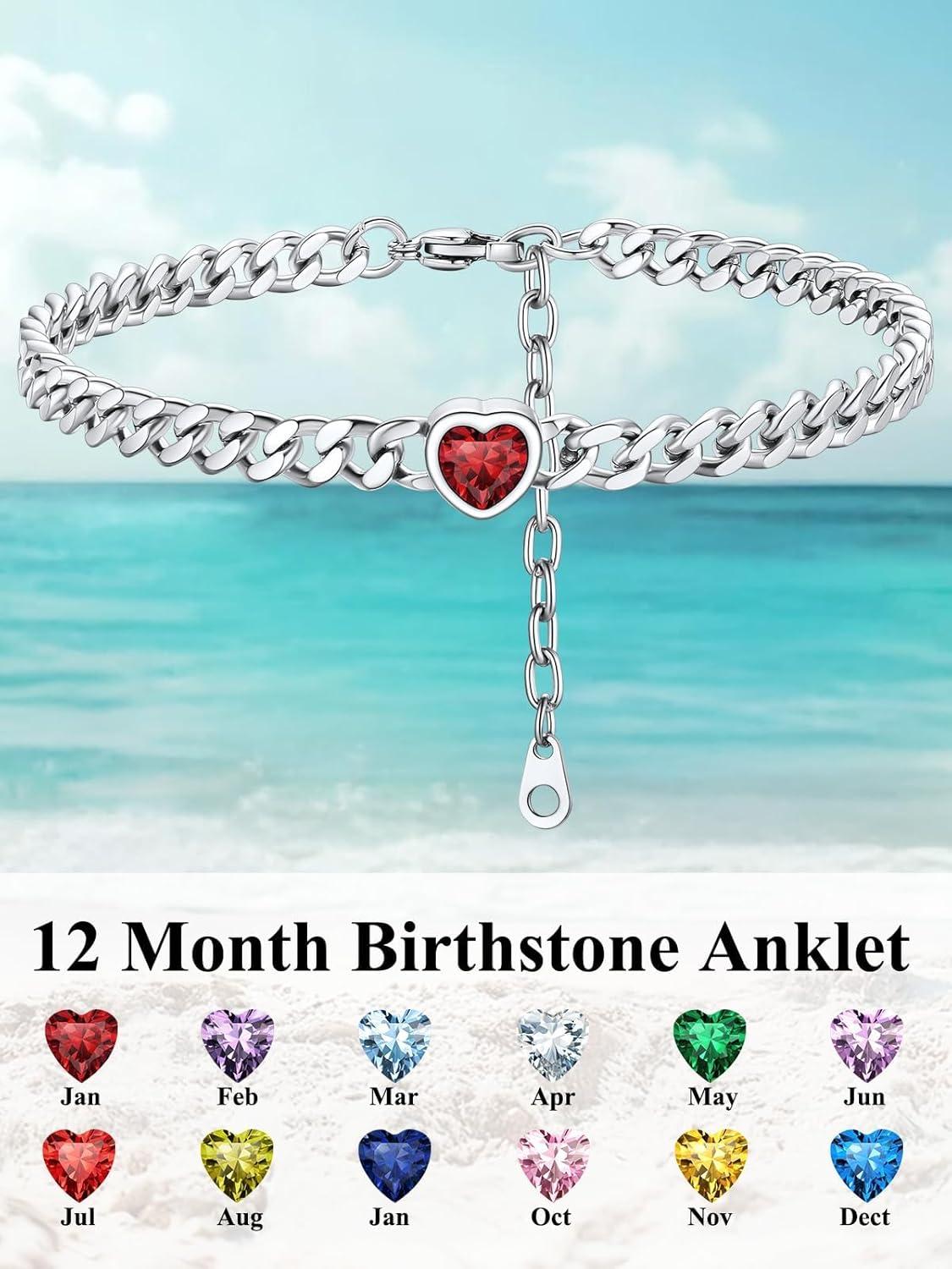 imageChainsHouse Cuban Chain Anklets for WomenStainless Steel Black 6mm Link Chain Ankle Bracelet with Heart Birthstone Jan Dec 12 Months 22cm27cm Adjustable with Gift Box01 JanRed GarnetSteel