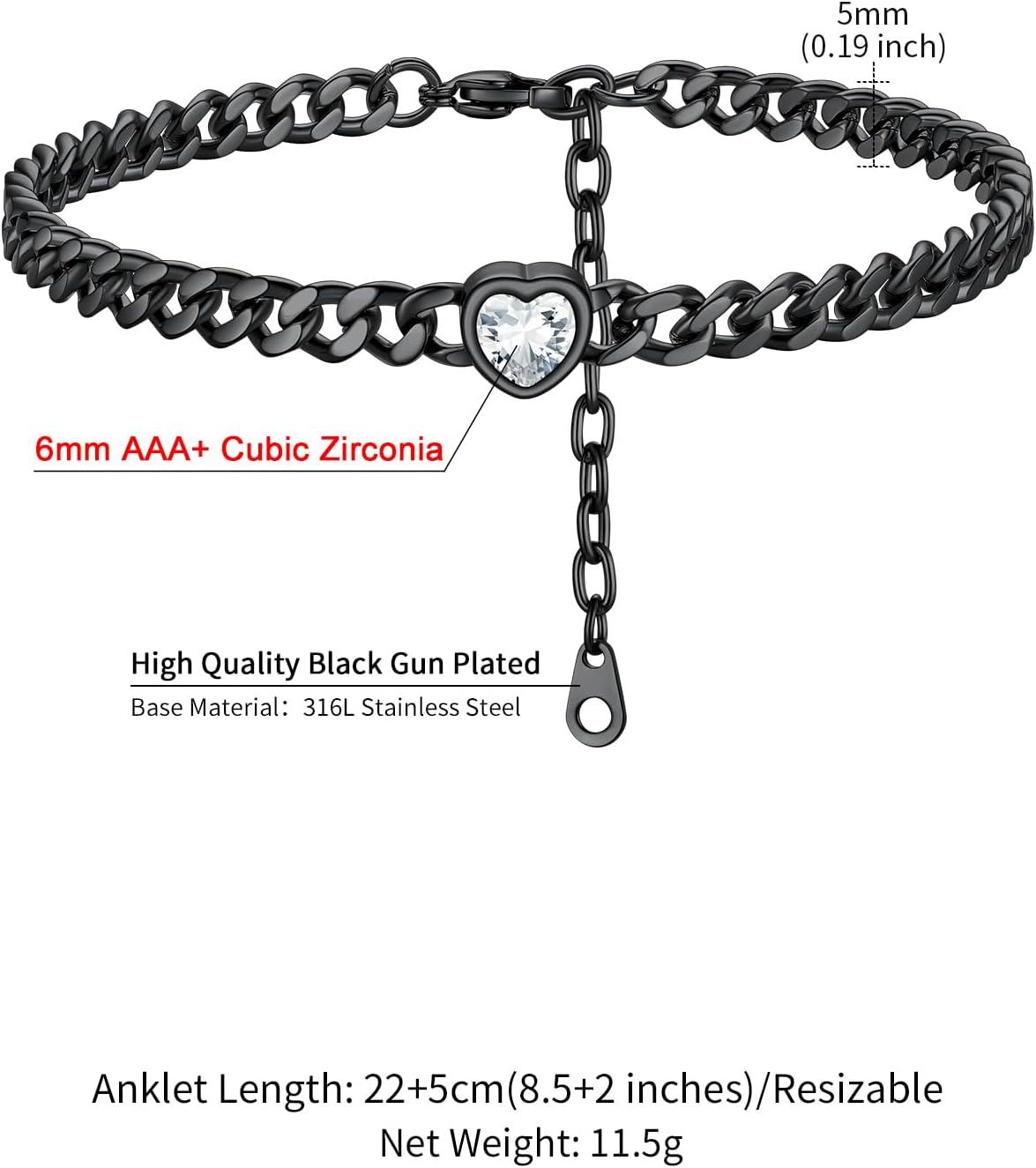 imageChainsHouse Cuban Chain Anklets for WomenStainless Steel Black 6mm Link Chain Ankle Bracelet with Heart Birthstone Jan Dec 12 Months 22cm27cm Adjustable with Gift Box04 AprClear CrystalBlack