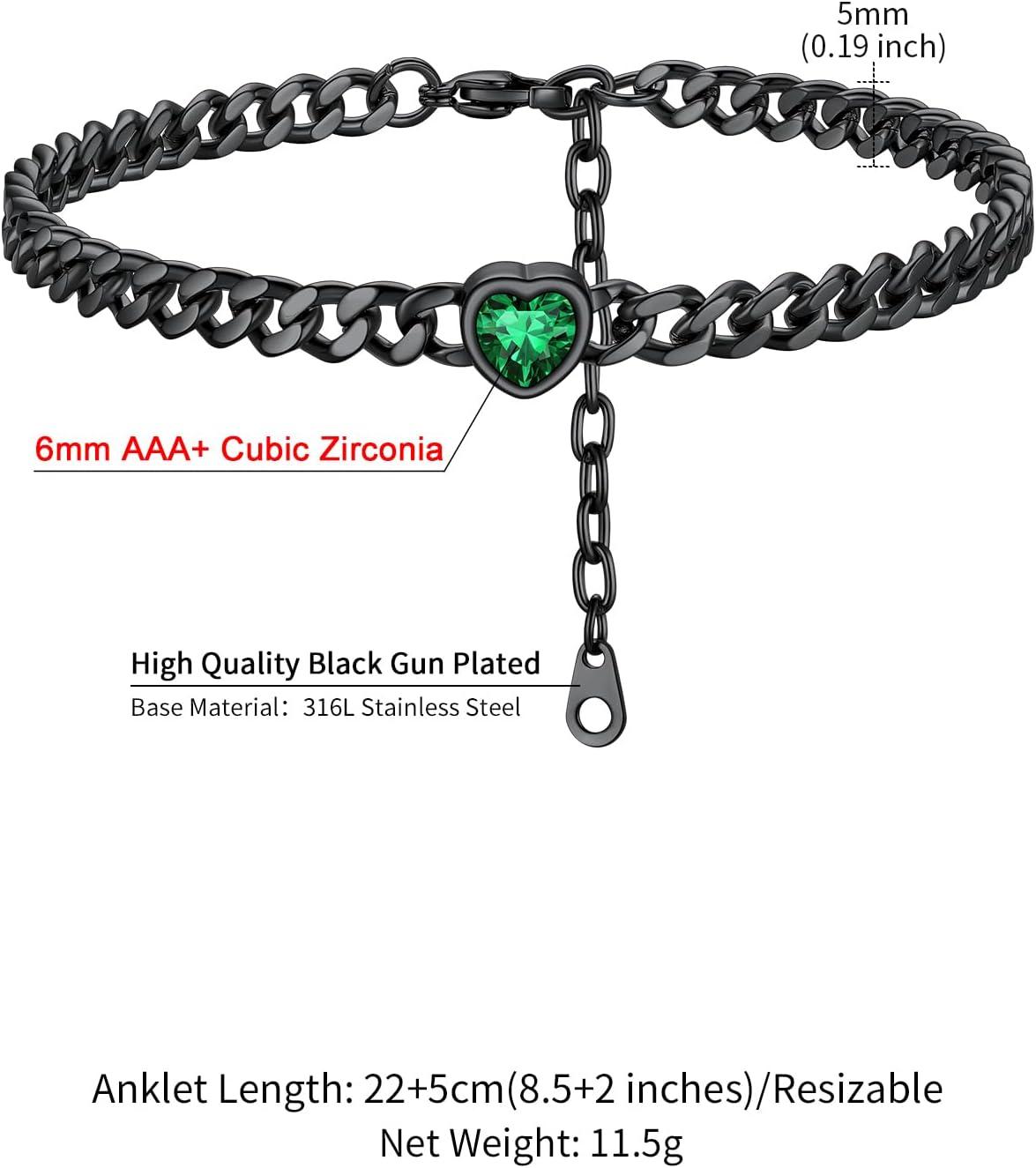 imageChainsHouse Cuban Chain Anklets for WomenStainless Steel Black 6mm Link Chain Ankle Bracelet with Heart Birthstone Jan Dec 12 Months 22cm27cm Adjustable with Gift Box05 MayEmeraldBlack