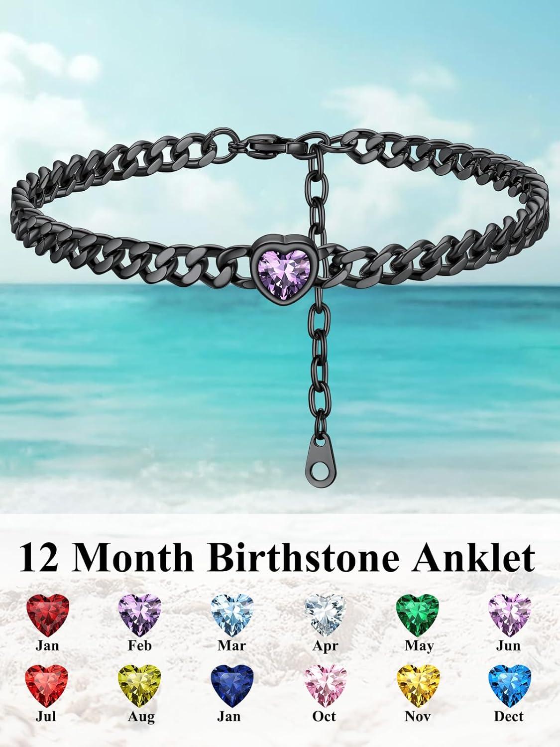 imageChainsHouse Cuban Chain Anklets for WomenStainless Steel Black 6mm Link Chain Ankle Bracelet with Heart Birthstone Jan Dec 12 Months 22cm27cm Adjustable with Gift Box02 FebAmethystBlack