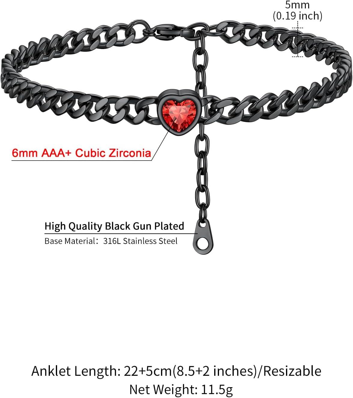 imageChainsHouse Cuban Chain Anklets for WomenStainless Steel Black 6mm Link Chain Ankle Bracelet with Heart Birthstone Jan Dec 12 Months 22cm27cm Adjustable with Gift Box07 JulRubyBlack