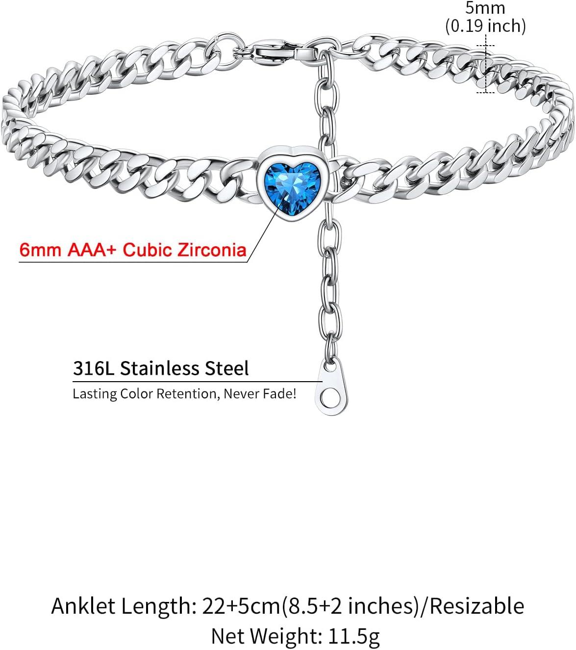 imageChainsHouse Cuban Chain Anklets for WomenStainless Steel Black 6mm Link Chain Ankle Bracelet with Heart Birthstone Jan Dec 12 Months 22cm27cm Adjustable with Gift Box12 DecTanzantiteSteel