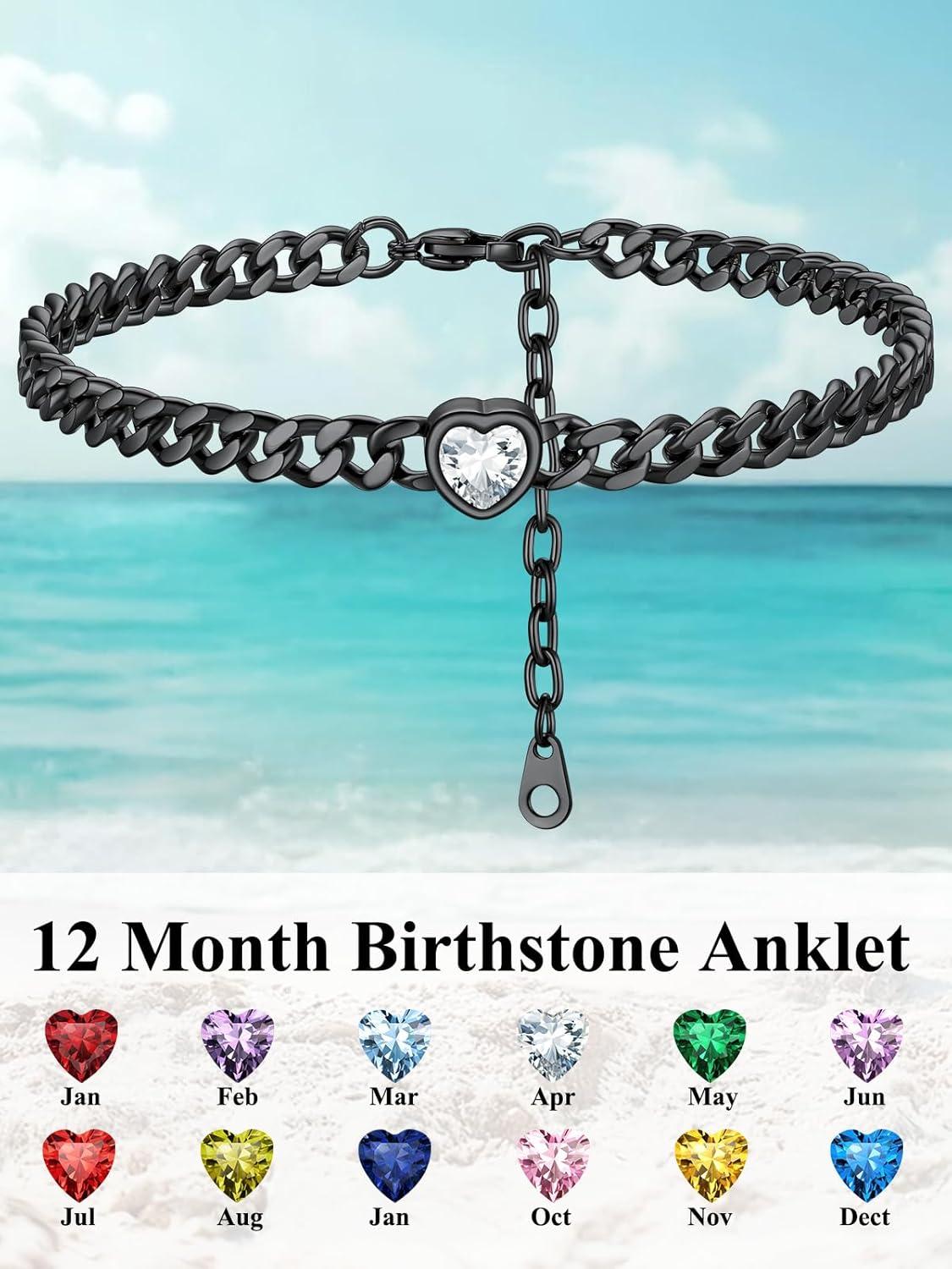 imageChainsHouse Cuban Chain Anklets for WomenStainless Steel Black 6mm Link Chain Ankle Bracelet with Heart Birthstone Jan Dec 12 Months 22cm27cm Adjustable with Gift Box04 AprClear CrystalBlack