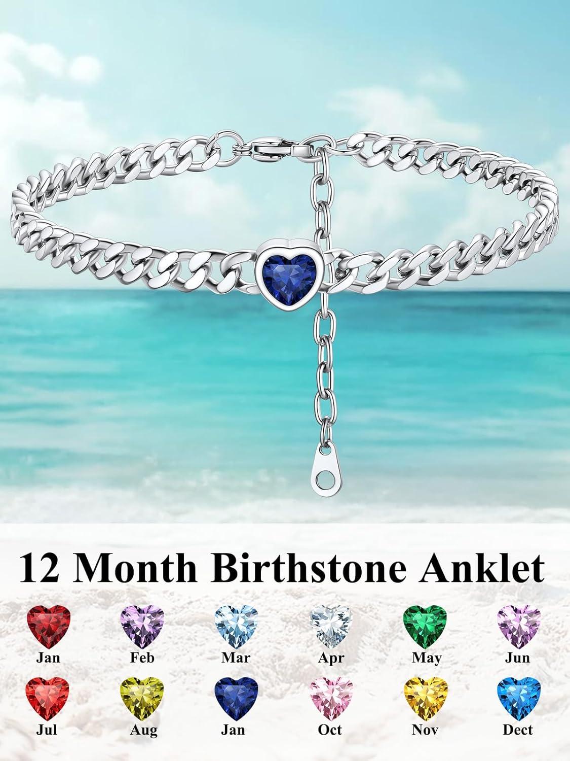 imageChainsHouse Cuban Chain Anklets for WomenStainless Steel Black 6mm Link Chain Ankle Bracelet with Heart Birthstone Jan Dec 12 Months 22cm27cm Adjustable with Gift Box09 SepSapphireSteel