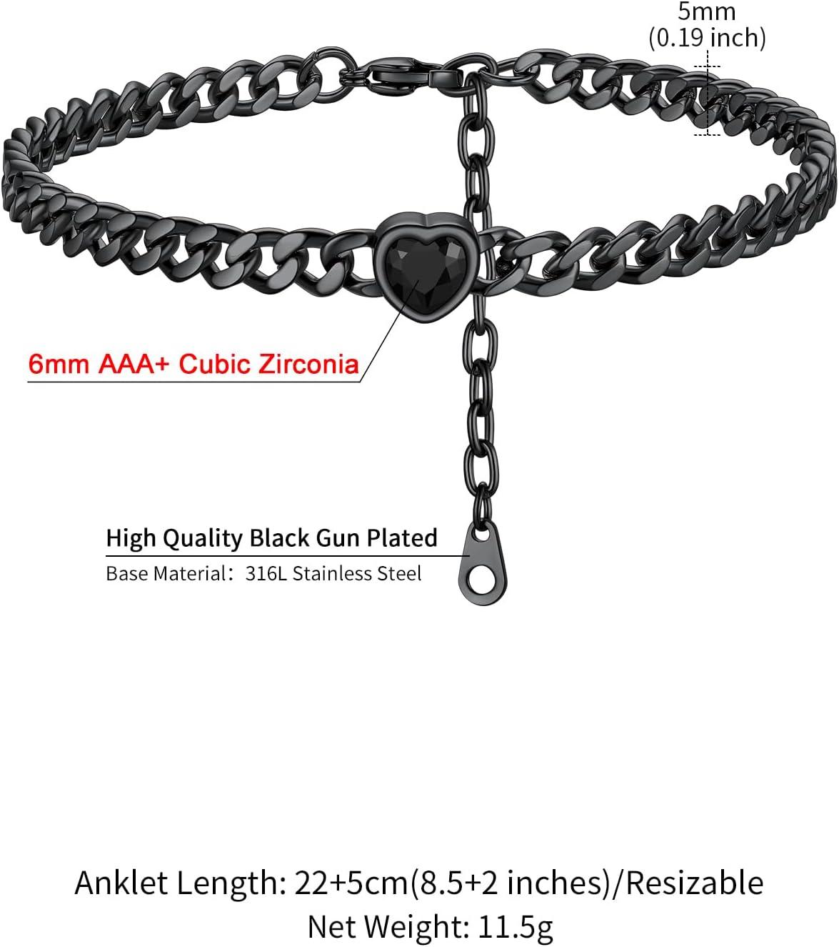 imageChainsHouse Cuban Chain Anklets for WomenStainless Steel Black 6mm Link Chain Ankle Bracelet with Heart Birthstone Jan Dec 12 Months 22cm27cm Adjustable with Gift Box13 Black StoneBlack